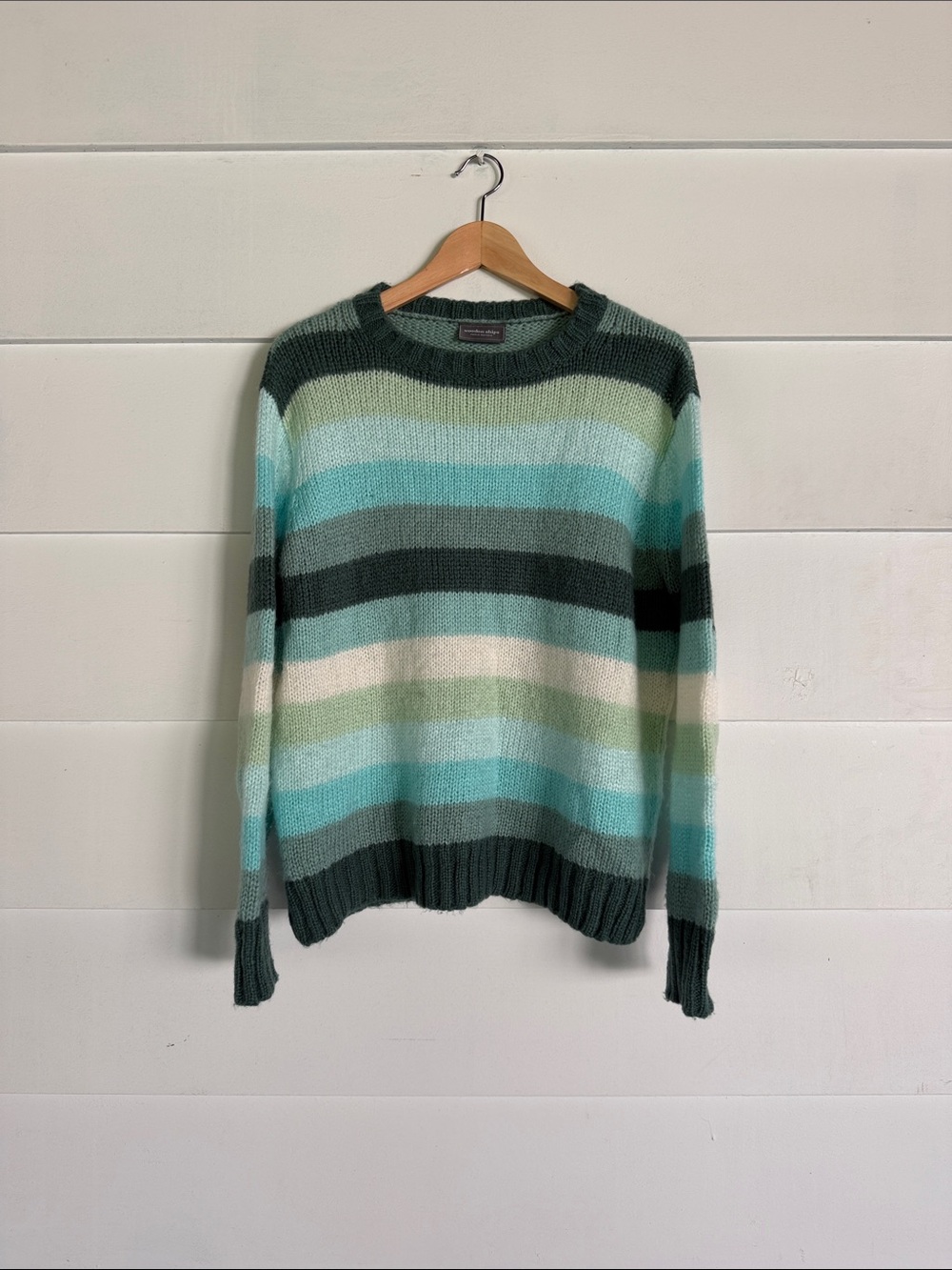 Wooden Ships Striped Crewneck Sweater in Teal, Aqua, Cream